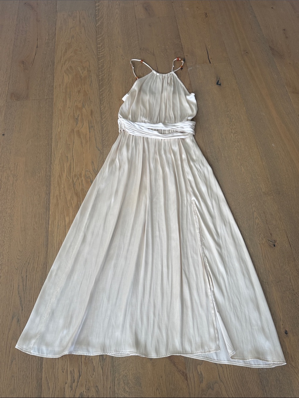 Zara champagne satin holter empire dress with beaded straps